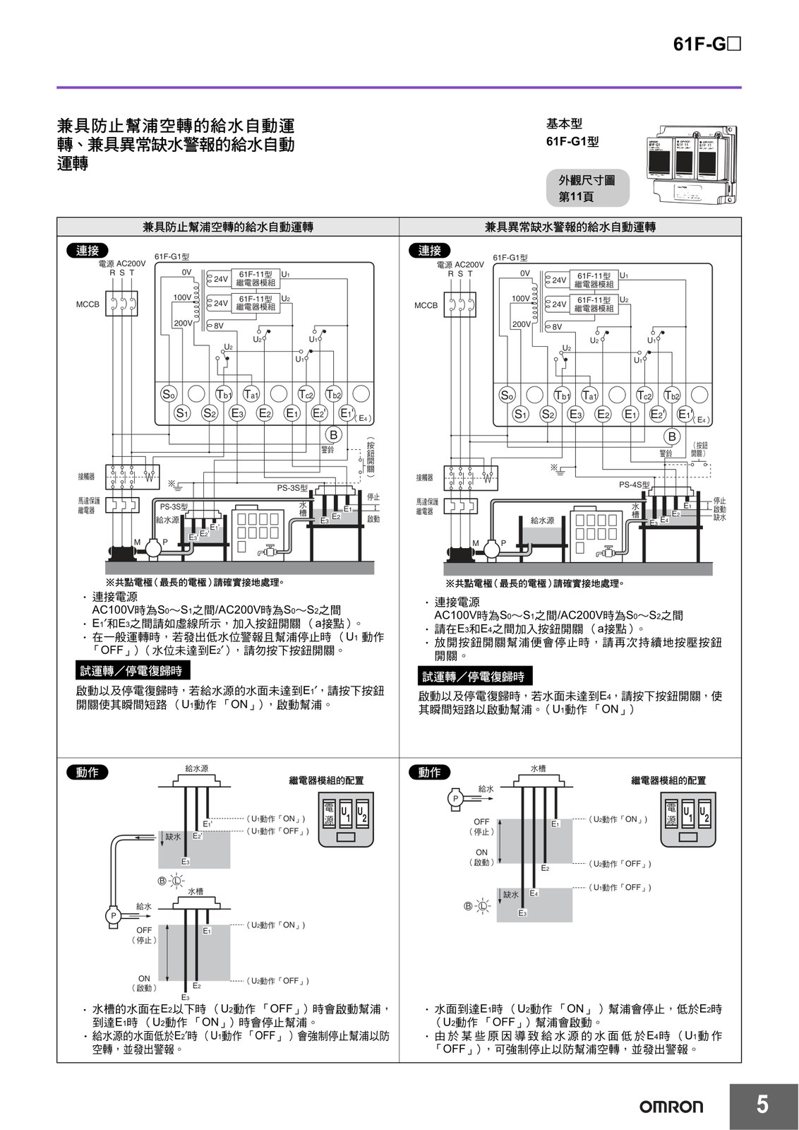 OMRON 61F-G1 無浮球式液位開關(防空轉/缺水警報型) 接線圖/線路圖