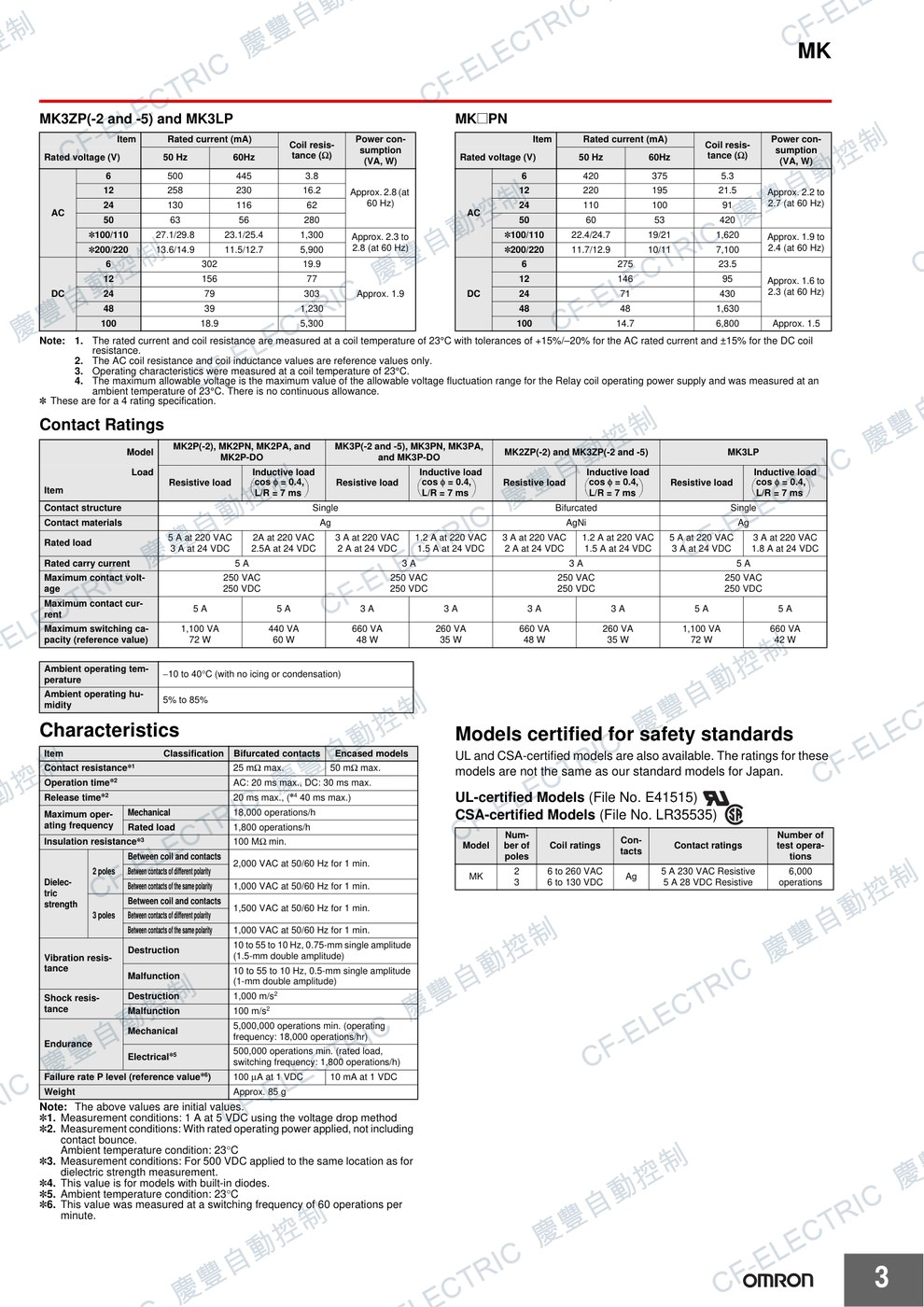 OMRON 小型功率繼電器 MK2P-I(八腳 附指示燈) 規格表