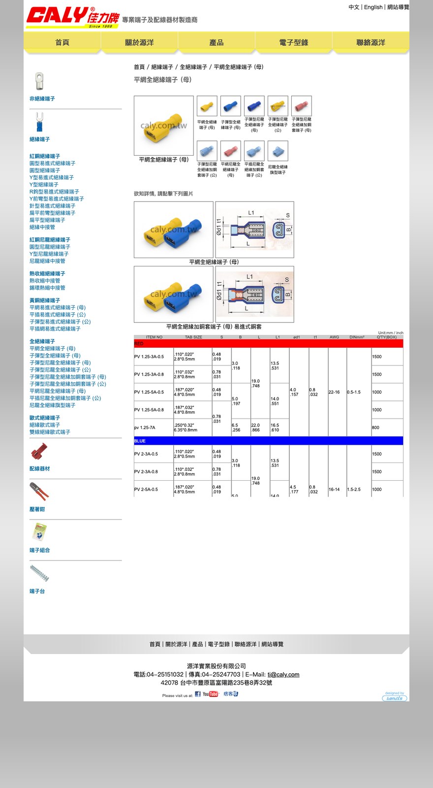 平網全絕緣端子(母) 規格表